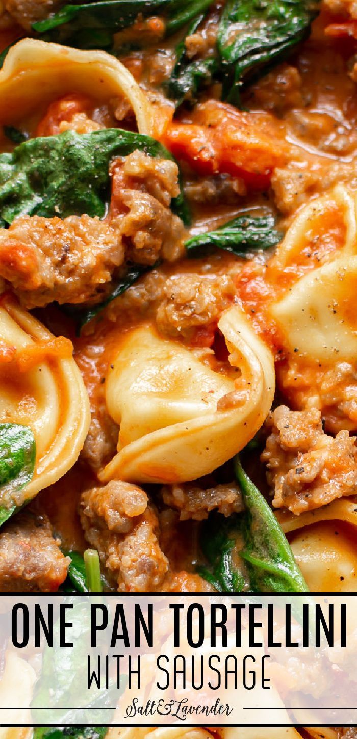 closeup of pasta in sauce with text overlay that reads one pan tortellini with sausage One Pan Tortellini, Tortellini With Sausage, Easy Tortellini Recipes, Dinner Spinach, Spinach Sausage, One Pan Recipe, Spinach Tortellini, Sausage Tortellini, Italian Sausage Recipes