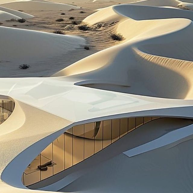 an unusual building in the middle of sand dunes