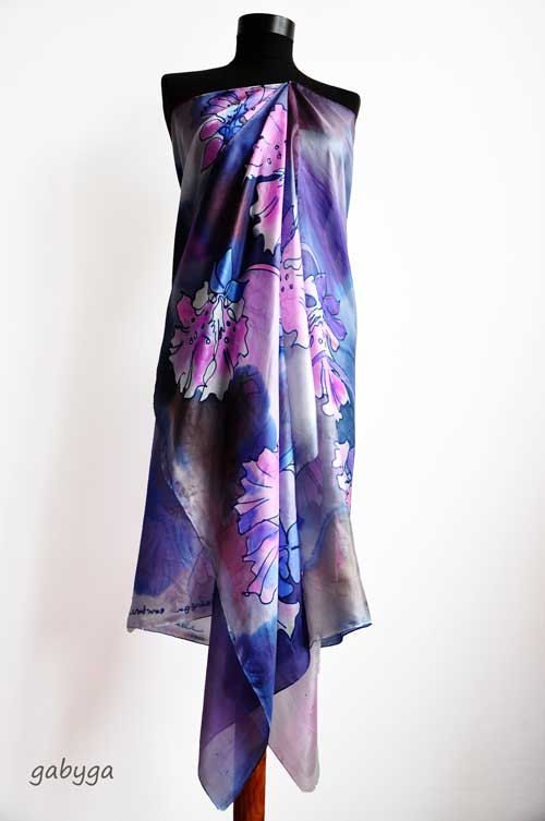 Gray Orchids Purple hand painted silk Woman gift Painted by GABYGA Silk Floral Print Shawl Scarf, Silk Shawl Scarf, Bohemian Multicolor Silk Sarong, Bohemian Silk Sarong, Purple Silk Scarves With Floral Print, Purple Bohemian Shawl Silk Scarf, Silk Floral Print Shawl Scarves, Purple Bohemian Silk Shawl Scarf, Bohemian Purple Shawl Silk Scarf