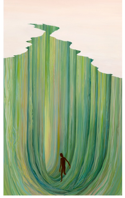 a painting of a man standing in the middle of a giant green wave with his arms outstretched