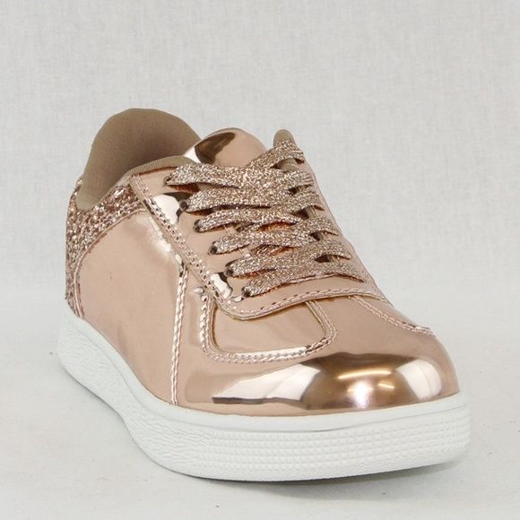 Forever Link Shoes | Women Fashion Glitter Sneakers Lace Up Rose Gold - Poshmark Trendy Pink Sneakers With Glitter Print, Metallic Glitter Lace-up Sneakers, Gold Glitter Lace-up Sneakers, Trendy Gold Sneakers For Party, Trendy Gold Party Sneakers, Spring Low-top Glitter Print Sneakers, Spring Low-top Sneakers With Glitter Print, Gold Round Toe Sneakers For Party, Trendy Sparkling Low-top Sneakers