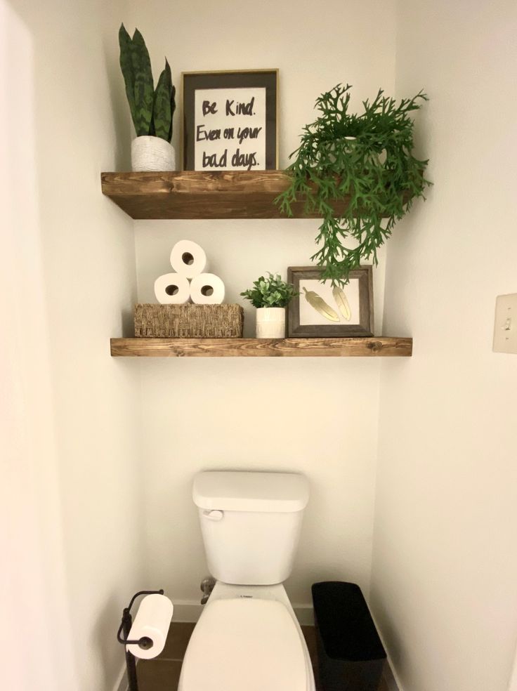 a white toilet sitting in a bathroom next to a wooden shelf filled with plants and toilet paper