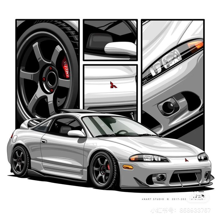 a white sports car is shown in three separate images, with the front and rear wheels facing each other