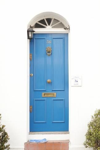 a bright blue door is on the side of a white building with potted plants