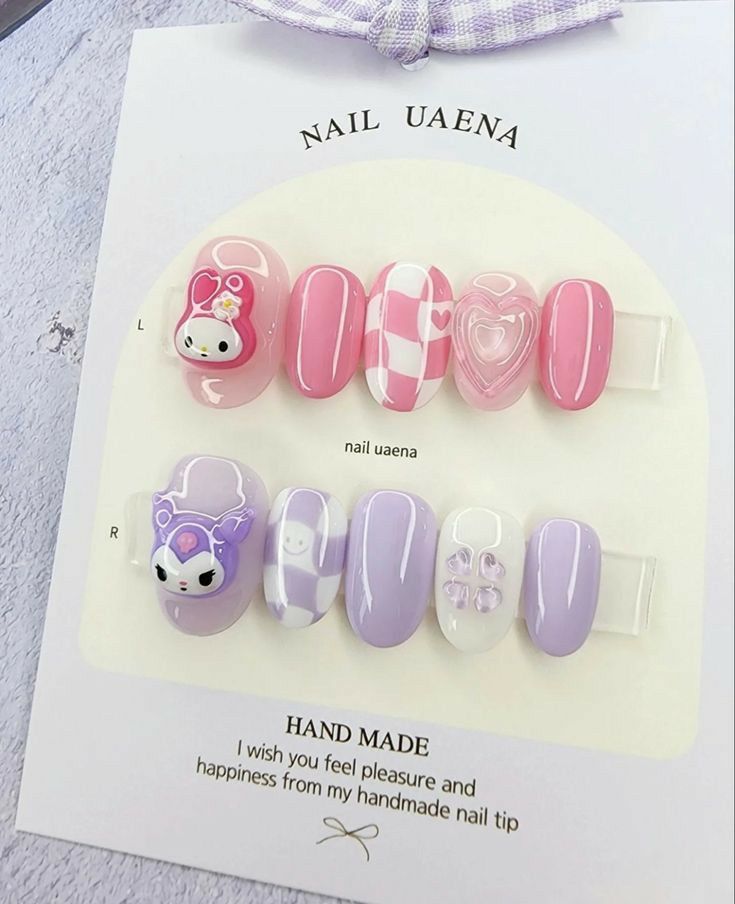 My Melody Nail Designs, Simple My Melody Nails, Cute Nail Designs Sanrio, My Melody Short Nails, Kuromi Nail Art Simple, Press On Nails Sanrio, Kpop Gel Nails, My Melody And Kuromi Nail Art, Korean Pastel Nails