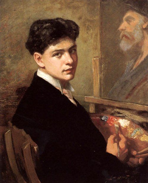 a painting of a boy holding a bag in front of a man's face