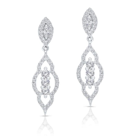 These ornate white gold earrings swing gracefully from your ears in long arcs, covered with small sparkling diamonds. Platinum Diamond Earrings With Pave Setting For Wedding, Classic White Gold Diamond Chandelier Earrings, Elegant Platinum Diamond Earrings With Halo Design, Exquisite White Gold Diamond Earrings With Elegant Design, Elegant Diamond Cut Diamond Chandelier Earrings, Exquisite Silver Diamond Earrings With Pave Setting, Elegant Brilliant Cut Diamond White Chandelier Earrings, Dazzling White Gold Diamond Earrings With Elegant Design, Diamond White Bridal Earrings With Pave Setting