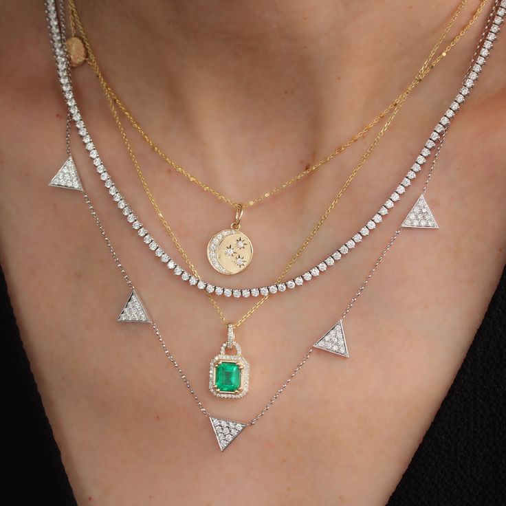 5 Big Triangles Pave Diamonds Necklace ♥ #goldcharm #SparklingNecklace #StatementNecklace #DiamondGlam #DiamondChic #DiamondLove #NecklaceEnvy #diamondsareagirlbestfriend #LuxuryJewelry #NecklaceGoals Birthday Gemstones, Emerald Cut Halo, Rose Cut Ring, Colored Diamond Rings, Diamonds Necklace, Unique Bands, Antique Diamond Rings, Back Necklace, Bridal Ring Sets