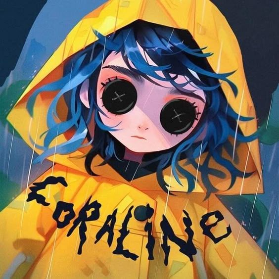 a girl with blue hair wearing a yellow raincoat and holding an umbrella in the rain