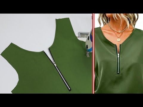 a woman's green top with zippers on the front and side, next to an image of a sewing machine