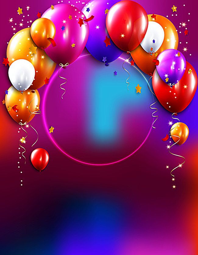 colorful balloons and streamers are floating in the air on a purple, blue, red, and pink background