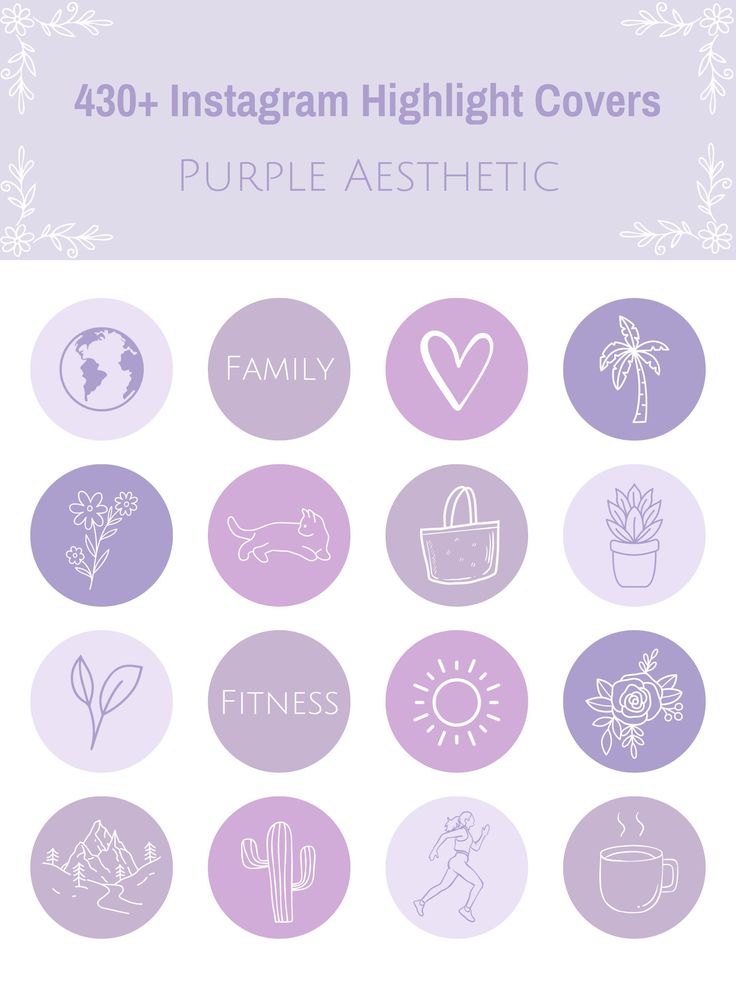 an image of purple aesthetic stickers with the words, instagramm highlight covers