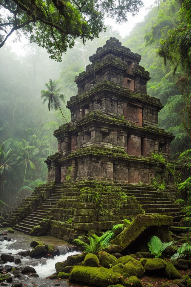 an ancient structure in the jungle surrounded by trees and mossy rocks with water running through it