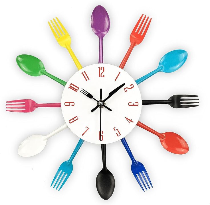 a clock with forks and spoons on the face that is painted multicolored