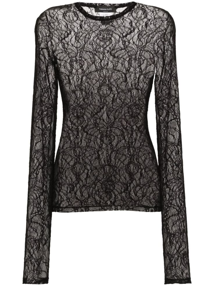 black stretch-design semi-sheer construction lace construction round neck long sleeves straight hem Black Lace Top With Crew Neck, Black Lace Tops With Lace Cuffs, Party Blouse With Lace Top And Crew Neck, Black Lace Blouse With Sheer Sleeves, Black Lace Crew Neck Top, Crew Neck Lace Top With Lace Sleeves For Fall, Fall Crew Neck Lace Top With Lace Sleeves, Elegant Mesh Top With Sheer Sleeves, Elegant Stretch Mesh Top For Layering