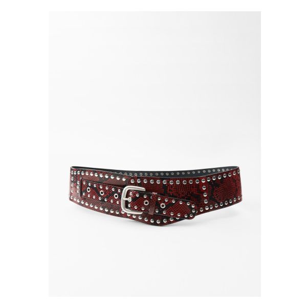 Sash belt made of leather with a width of 4.3 inches (11 cm). Contrasting stud appliqué. Squared metal buckle. Chic Leather Belt With Embroidery, Chic Embroidered Leather Belt, Leather Corset Belt, Cardigan Sweater Dress, Corset Belt, Blouse Jeans, Leather Corset, Sash Belts, Sash Belt