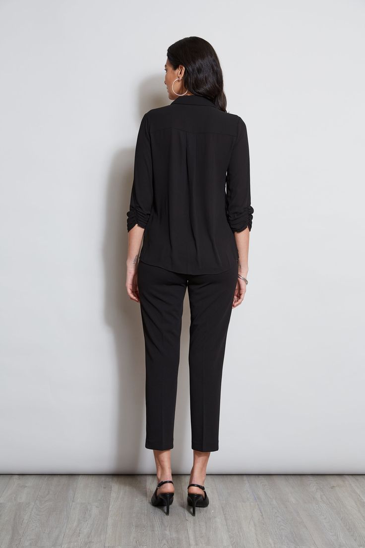 Chic and effortless, this long sleeve georgette button down features ruched sleeves & a relaxed silhouette. Perfect for layering under a blazer or wearing on its own- you will live in this shirt all season long. T-Tahari Ruched Sleeve Georgette Button Down Shirt Relaxed Fit; Runs true to size. Model is 5'9" and wearing size S C3082 Imported Style #: TH31280 Tailored Button-up Blouse For Business Casual, Chic Long Sleeve Blouse With Roll-up Sleeves, Versatile Business Casual Blouse For Fall, Fall Office Blouse With Roll-up Sleeves, Versatile Blouse With Blouson Sleeves For Work, Versatile Fall Blouse For Business Casual, Office Blouse With Roll-up Sleeves For Fall, Sleek Relaxed Fit Blouse For Work, Elegant Office Tops With Roll-up Sleeves