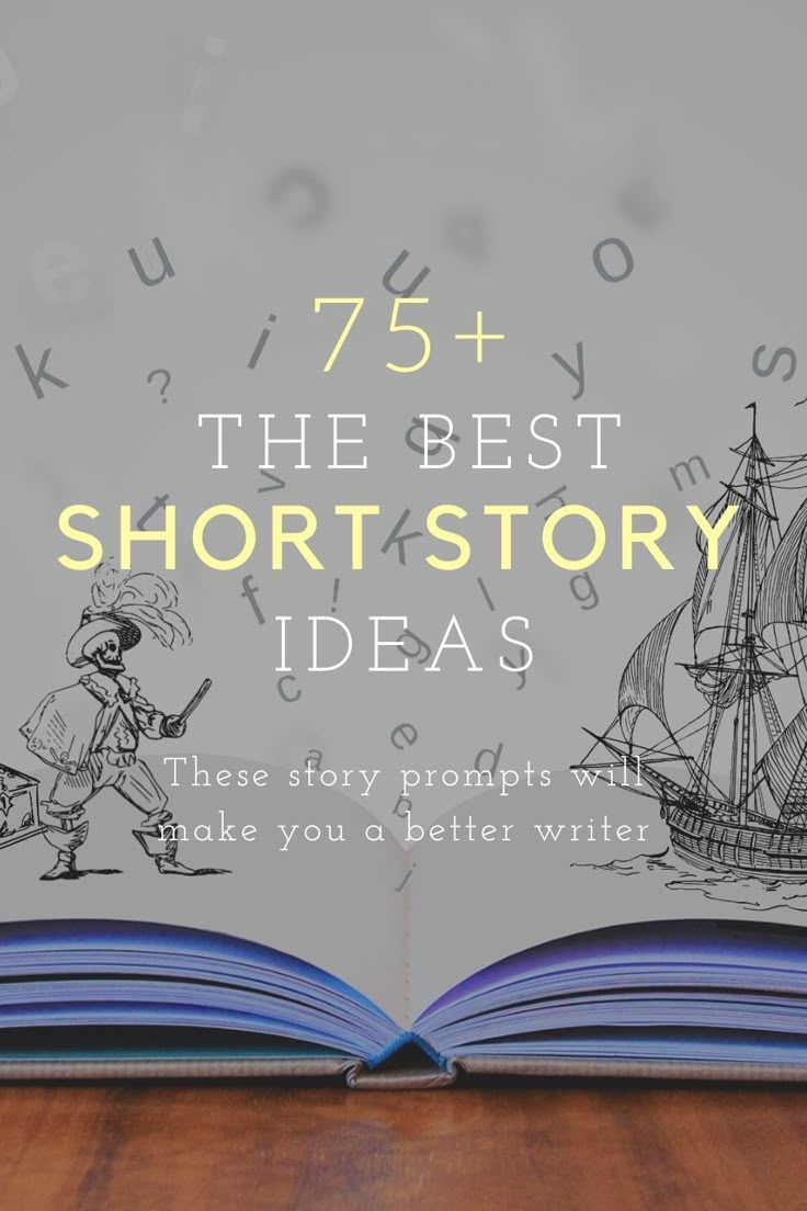 an open book with the title 75 + the best short story ideas, and illustrations on it