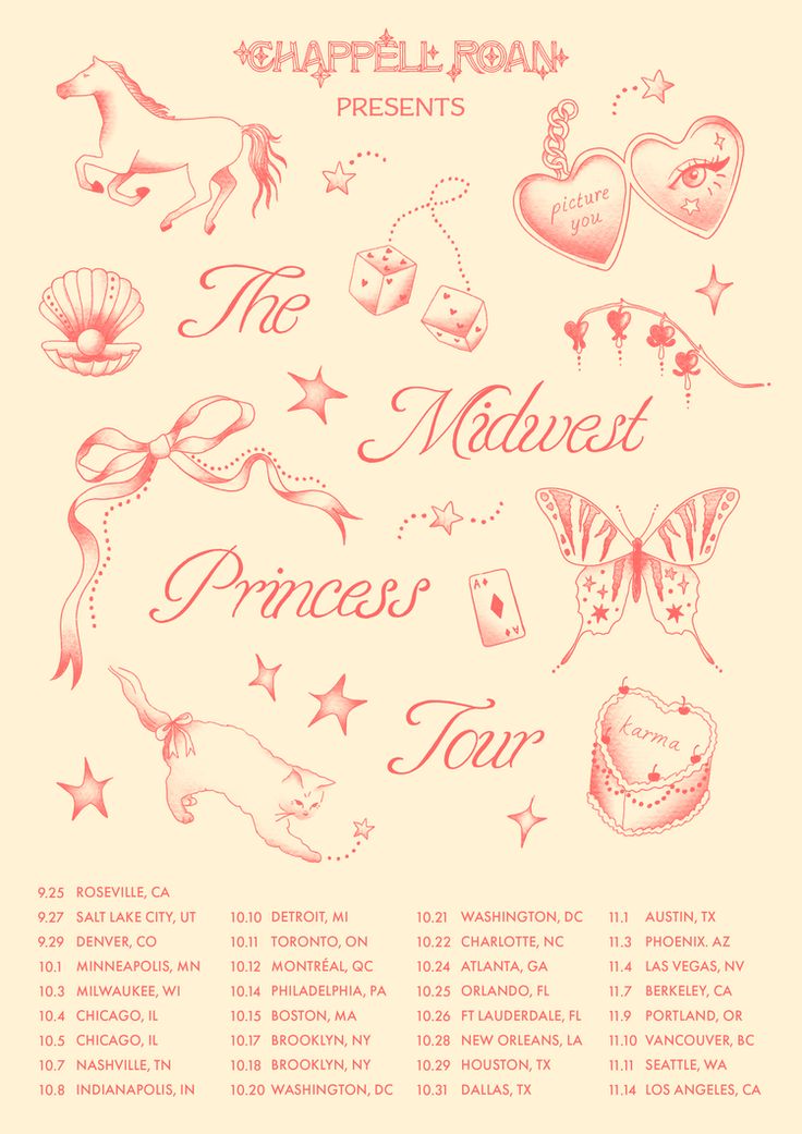 a poster with the names and dates for princesses in red ink on white paper