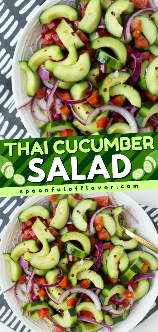 Out of Spring salad recipe ideas? This Thai Cucumber Salad is made with a few ingredients and comes together in less than 10 minutes! Its one pretty salad for Spring! Thai Cucumber, Thai Salad Recipes, Thai Cucumber Salad, Spring Salad Recipes, Asian Cucumber Salad, Simple Dressing, Fresh Salad Recipes, Summer Menu, Cucumber Recipes Salad