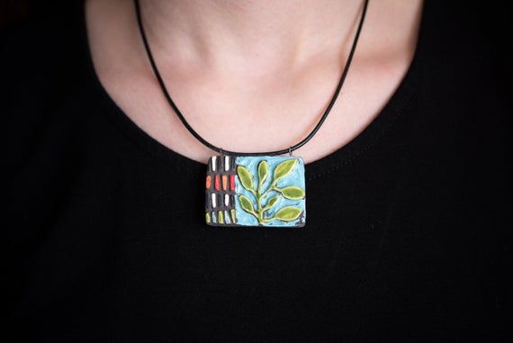 Pendant Necklace for Women, READY to SHIP, Ceramic Tile Necklace, Green Vine Pendant on Leather Neck Tile Necklace, Colorful Pottery, Wedding Ring Dish, Rectangle Pendant, Mosaic Wall Art, Pottery Shop, Ceramic Rings, Found Objects, Necklace Green