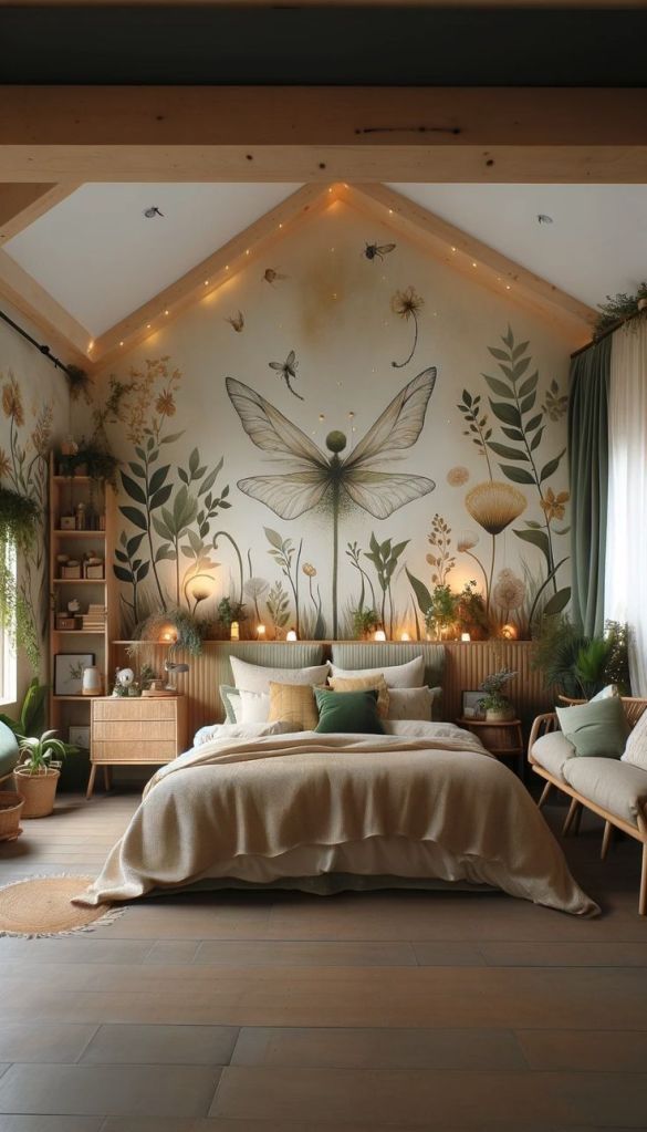 a bedroom with a large mural on the wall and lots of furniture in it, including a bed