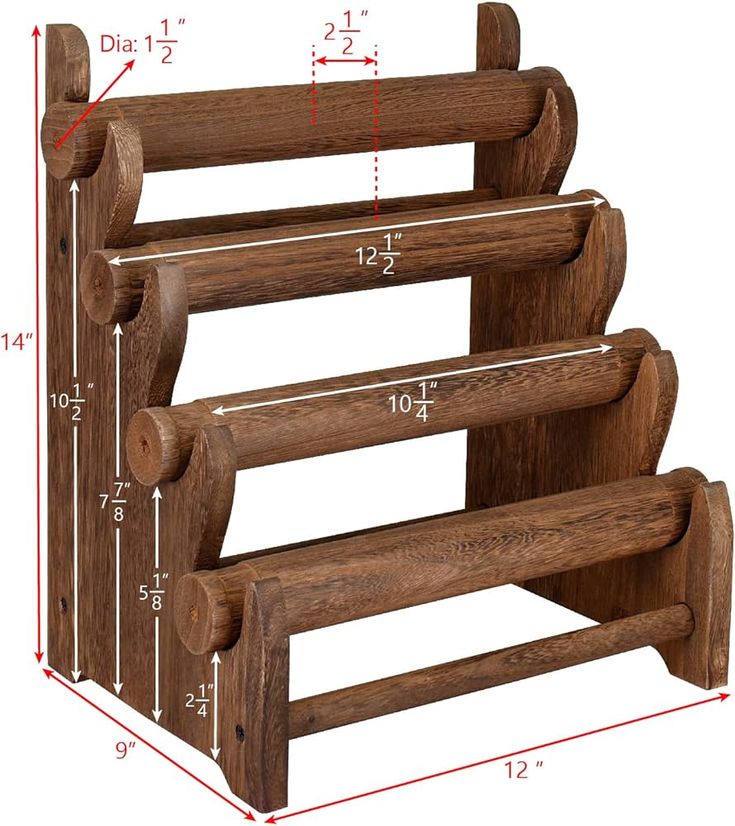 three wooden racks are shown with measurements for each rack in the same size and width