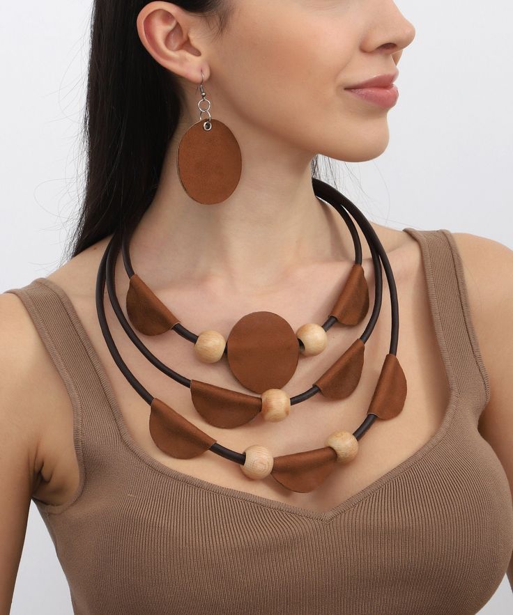 Hand made leather jewelry set Elegant Brown Jewelry For Everyday Use, Brown Wooden Beads Jewelry, Brown Wooden Beads Round Jewelry, Earthy Brown Handmade Jewelry, Brown Round Wooden Beads Jewelry, Handmade Brown Necklace For Everyday, Handmade Brown Necklaces For Everyday Use, Adjustable Brown Necklaces, Handmade Leather Necklace In Brown