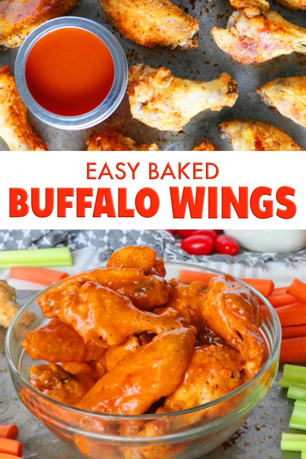 easy baked buffalo wings in a glass bowl with carrots and celery sticks