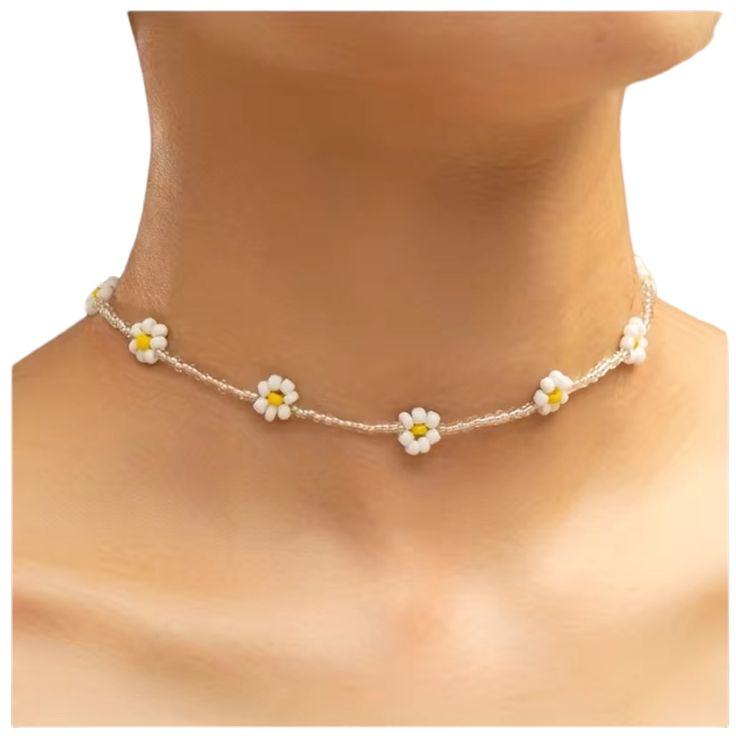 White Beaded Flower Style Choker Necklace. Made With Seed Beads. 10 Small White And Yellow Flowers. Gold Tone Metal. Lobster Claw Closure With Adjustable Sizing. Nwot! Seed Bead Flower And Pearl Necklace, Yellow Pearl Beaded Necklaces As Gift, Handmade Yellow Pearl Necklaces, Yellow Pearl Necklaces With Round Beads, Spring Jewelry With Colorful Beads In Gold, Spring Gold Jewelry With Colorful Beads, Summer Floral Beaded Chain Necklace, Summer Flower Shaped Beaded Necklace, Adjustable Yellow Flower Necklace