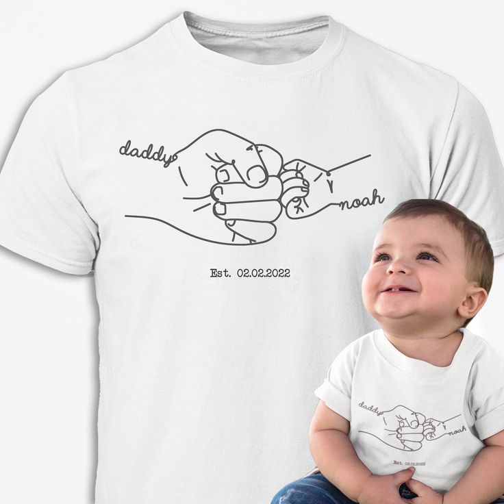 Personalised Daddy Tshirt - The perfect gift for Daddy or Grandad, for father's day, birthday or to celebrate a new birth, a brilliant first father's day gift! This quality t-shirt makes a unique gift for any proud dad or grandad! Available to buy as a single tshirt, or as a matching pair, one for dad and one for baby! The t-shirts are made of quality soft polyester/cotton mix fabric, making them almost creaseless, no need to iron! Sizes medium to extra large in the men's tshirt. 0-3 month body vests, 6-12 months, 12-18 months, 18-24 months in white tshirts for the baby. Choose daddy, grandad or type in the name you would like and the baby name. Add and Established date (date of birth) if you wish or wording of your choice eg: we've got this Type all the information in the personalisation Father's Day White T-shirt With Custom Print, White T-shirt For Mother's Day Gift, Personalized White T-shirt For Father's Day, Personalized Crew Neck T-shirt For Birthday, Personalized T-shirt For Father's Day, Customizable T-shirt For Father's Day, White T-shirt For Father's Day Gift, Unisex White T-shirt As A Gift, Custom Print White T-shirt For Personalized Gift