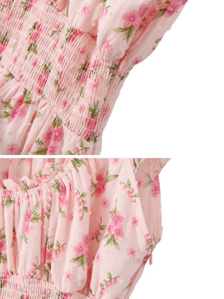 Infuse your wardrobe with a touch of romance with the Alexxa Floral Ruffle Mini Dress This charming dress features a delicate floral print on a soft pink background, capturing the essence of a blooming garden. The ruffle details along the neckline and sleeves add a playful flair, while the smocked waist creates a flattering silhouette. Perfect for sunny days, picnics, or any occasion where you want to feel effortlessly feminine and chic. Details: Sweet floral print on a soft pink fabric for a fr Feminine Floral Dress With Smocked Bodice, Feminine Floral Dress With Rose Print For Garden Party, Pink Ditsy Floral Dress For Garden Party, Pink Feminine Floral Dress With Ditsy Print, Spring Feminine Floral Dress With Smocked Bodice, Feminine Smocked Bodice Floral Dress For Spring, Feminine Spring Floral Dress With Smocked Bodice, Feminine Pink Floral Dress With Ditsy Print, Feminine Spring Floral Dress With Rose Print