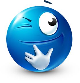 a blue smiley face with one hand on it's chest and the other pointing at something