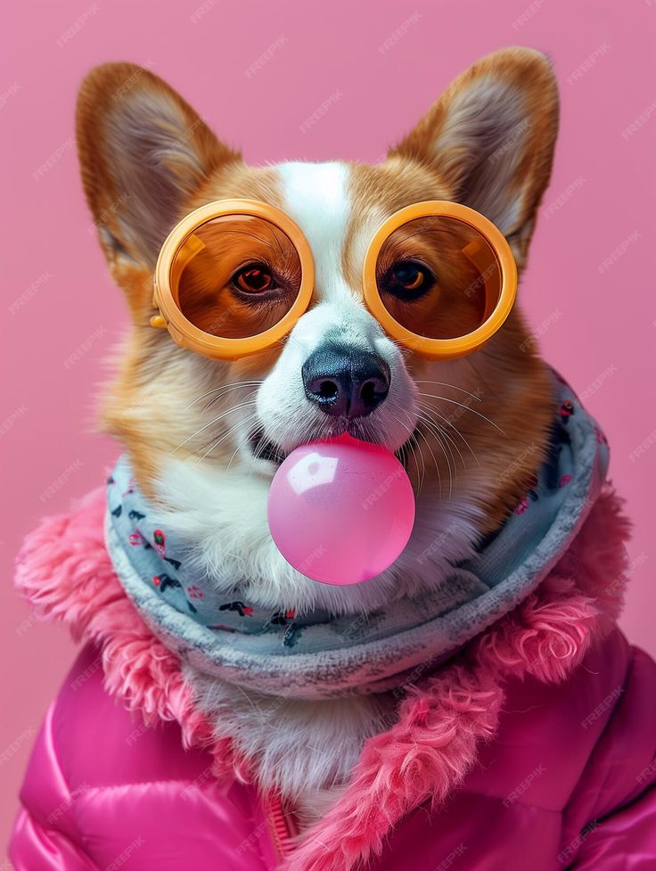 a small dog wearing goggles and a pink coat with a bubble in it's mouth