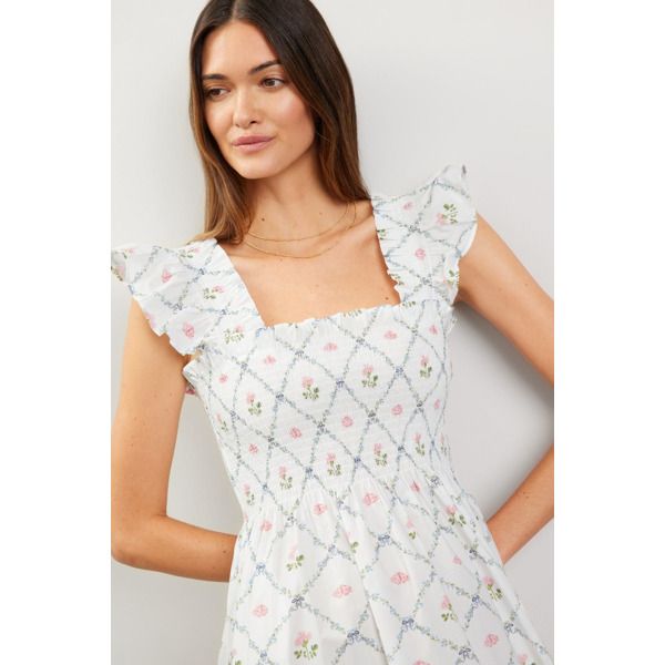 White floral (100% Cotton). Casual dress. Sleeveless. Square neck. Pull-on closure. 46" from shoulder to hemline. Imported. Elegant Sleeveless Midi Dress With Ditsy Floral Print, Elegant Sleeveless Dress With Ditsy Floral Print, White Dress With Smocked Bodice And Straight Neckline, Feminine Mini Dress With Floral Print And Straight Neckline, Floral Print Sundress With Straight Neckline For Brunch, White Ditsy Floral Print Dress With Square Neck, Feminine Sleeveless Lined Maxi Dress, Feminine Sleeveless Floral Dress For Brunch, White Feminine Floral Dress With Smocked Bodice