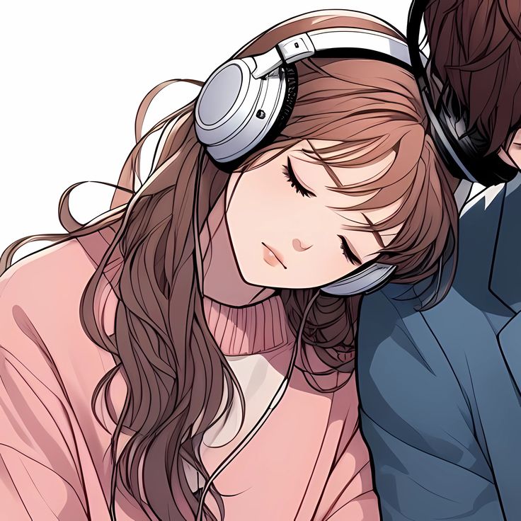 two people with headphones on, one is hugging the other's face and she has her eyes closed