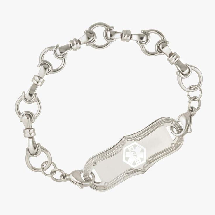 Our Kensington women's medical ID bracelet is a classic, elegant style that pairs easily with any outfit. With silver plating and stainless steel lobster clasps, Kensington is a linked bridle chain medical alert bracelet in a chic, upscale design.As an interchangeable bracelet, Kensington allows you to easily move your medical ID tag between Lauren's Hope interchangeable med alert bracelets. EMTs or First Responders are trained to look for the medical caduceus symbol, which alerts them that your Classic Metal Bracelet With Lobster Clasp, Classic Metal Charm Bracelet With Solid Links, Hypoallergenic White Gold Stainless Steel Bracelet, Classic White Gold Metal Charm Bracelet, White Gold Stainless Steel Chain Bracelet With Lobster Clasp, Nickel-free White Gold Chain Bracelet, Nickel-free White Gold Metal Chain Bracelet, Hypoallergenic Metal Link Charm Bracelet, Adjustable Stainless Steel Chain Bracelet With Polished Finish