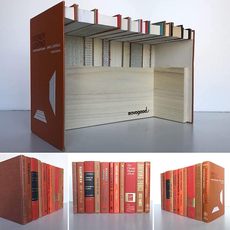 four different views of books stacked on top of each other with the same bookcase open