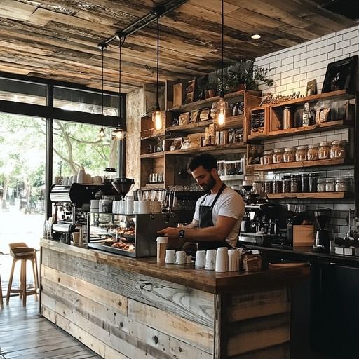 a man working behind the counter at a coffee shop