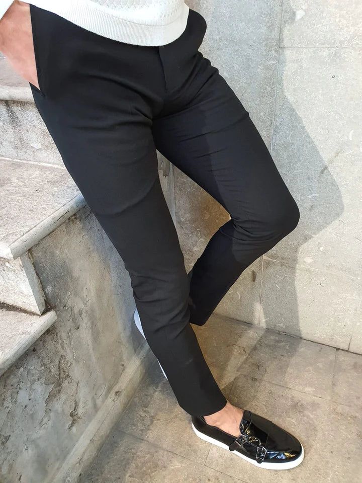 Color Code: Black Pants Material: 65% Viscose, 32% Polyester, 3% Elastane Machine Washable: Yes, But Wash separately Fitting: Slim-Fit Black Slim Fit Pants, Dapper Outfit, Fabric Pants, Code Black, Slim Fit Suits, Polo Tees, Men Fashion Casual Outfits, Business Suit, Slim Fit Pants