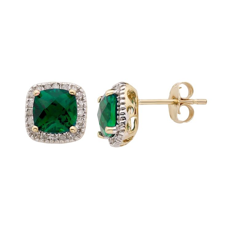 You'll love the impressive design of these earrings. You'll love the impressive design of these earrings. Length: 8.45 mm Backings: post Packaging: boxed Additional details: nickel free Plating: Rhodium Finish: Polished Base material: 10k gold DIAMOND DETAILS Total weight: 1/6 ct. STONE DETAILS Type: Lab-Created Emerald Center stone weight: 2 ct. Center stone size: 6 mm x 6 mm Setting: Micro Prong Shape: Cushion cut Colors: green, blue Gift Givers: This item ships in its original packaging. If i Classic Emerald Earrings For Anniversary, Classic Green Diamond Earrings, Elegant Diamond-accented Earrings For May Birthstone, Classic Gemstone Earrings For May Birthstone, Elegant Earrings With Diamond Accents For May Birthstone, May Birthstone Halo Design Earrings Gift, Elegant May Birthstone Earrings With Diamond Accents, White Gold Earrings For May Birthstone Formal Occasion, May Birthstone Halo Earrings As Gift