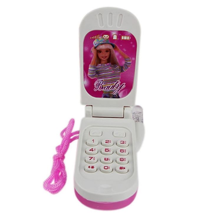 a cell phone with a barbie photo on the front and pink cord attached to it