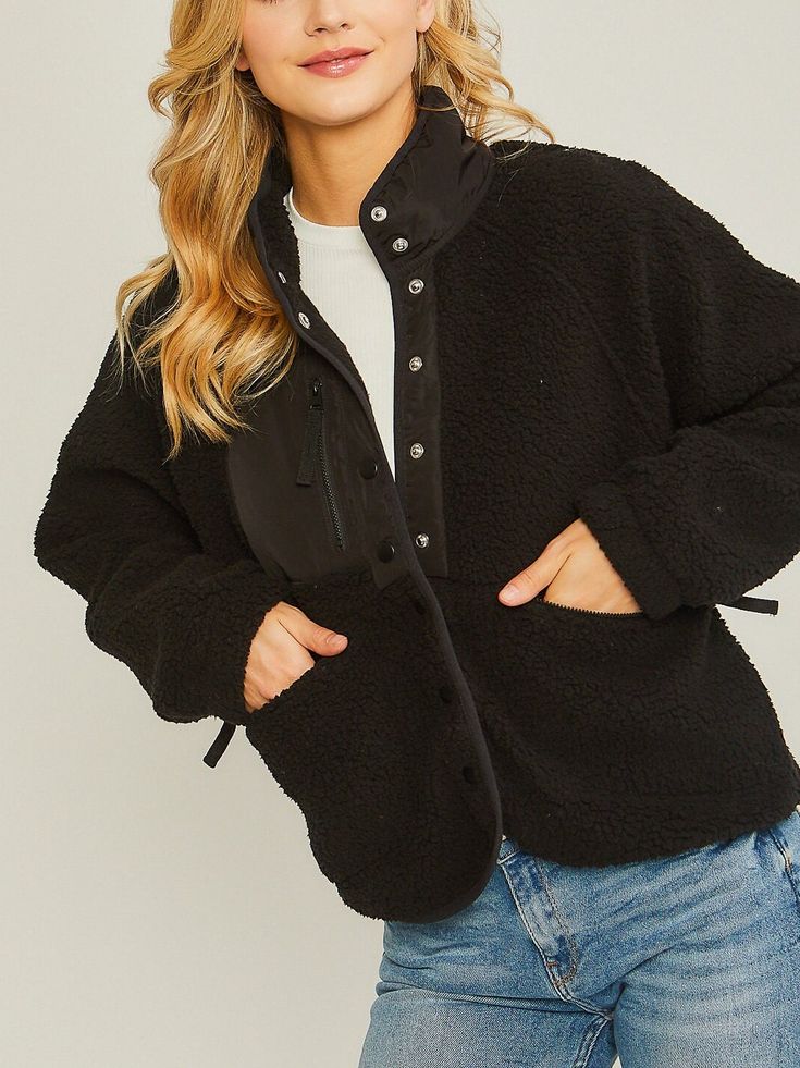 "Teddy Sherpa Jacket Features Front Deep Pockets and Snap Closure. Soft Cozy Warm Light Weight Fall Winter Vintage Shacket is available Black Lavender Slate Emerald Khaki from size Small to Large. Model is Wearing Size Small. Model: 5'9\" 32B bust, 25\" waist, and 36\" hips. 100% Polyester Perfect, Soft Cozy top to wear with your Dainty Accessories. Active or lounge, also great for casual outings. Gentle Cycle, Hand Washing/Hang Dry Recommended. All non-textured apparel can be customized with pa Fall Fleece Jacket With Stand Collar And Pockets, Winter Fleece Jacket With Stand Collar And Pockets, Cozy Long Sleeve Outerwear With Buttons, Cozy Winter Fleece Jacket With Button Closure, Cozy Winter Outerwear For Layering, Winter Outdoor Fleece Jacket With Buttons, Fall Outerwear With Fleece Lining And Stand Collar, Cozy Layering Outerwear For Winter, Winter Outdoor Fleece Jacket With Button Closure