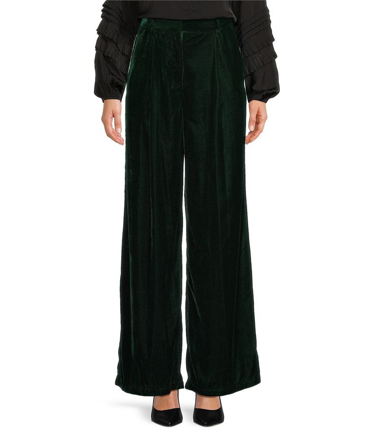 From Gibson & Latimer&#x2C; these pants feature: Velvet Fabrication Wide Leg SilhouetteHigh Rise WaistlinePleated Front Functional Quarter Front PocketsFully LinedFull LengthStraight Hemline Front Hook & Eye with Zipper ClosureApprox. 31" Inseam PolyesterTurn garment inside out prior to wash&#x2C; Machine wash on cool gentle cycle&#x2C; wash with similar colors&#x2C; wash with similar fabrications&#x2C; use non-chlorine bleach if needed. Dillard's, Gibson, Inside Out, Bleach, Wide Leg, High Rise, Velvet, Zipper, Clothes For Women