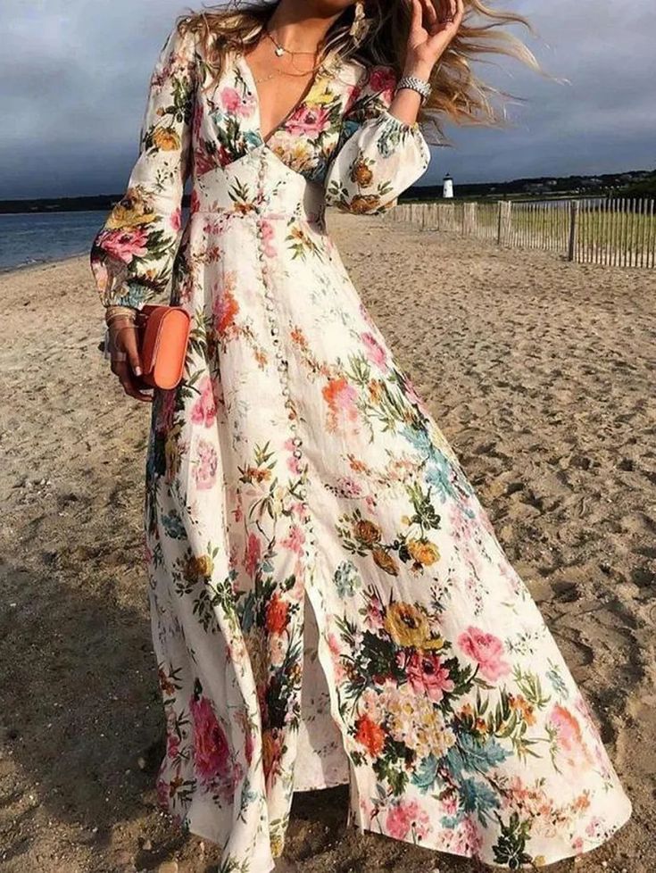 Elegant Dot Patchwork A Line Dresses Elegant Floral Dress, Mode Prints, Button Maxi Dress, Look Boho Chic, Maxi Dress Pattern, Lantern Sleeves, Glamorous Evening Gowns, Flowing Maxi Dress, V Neck Dress