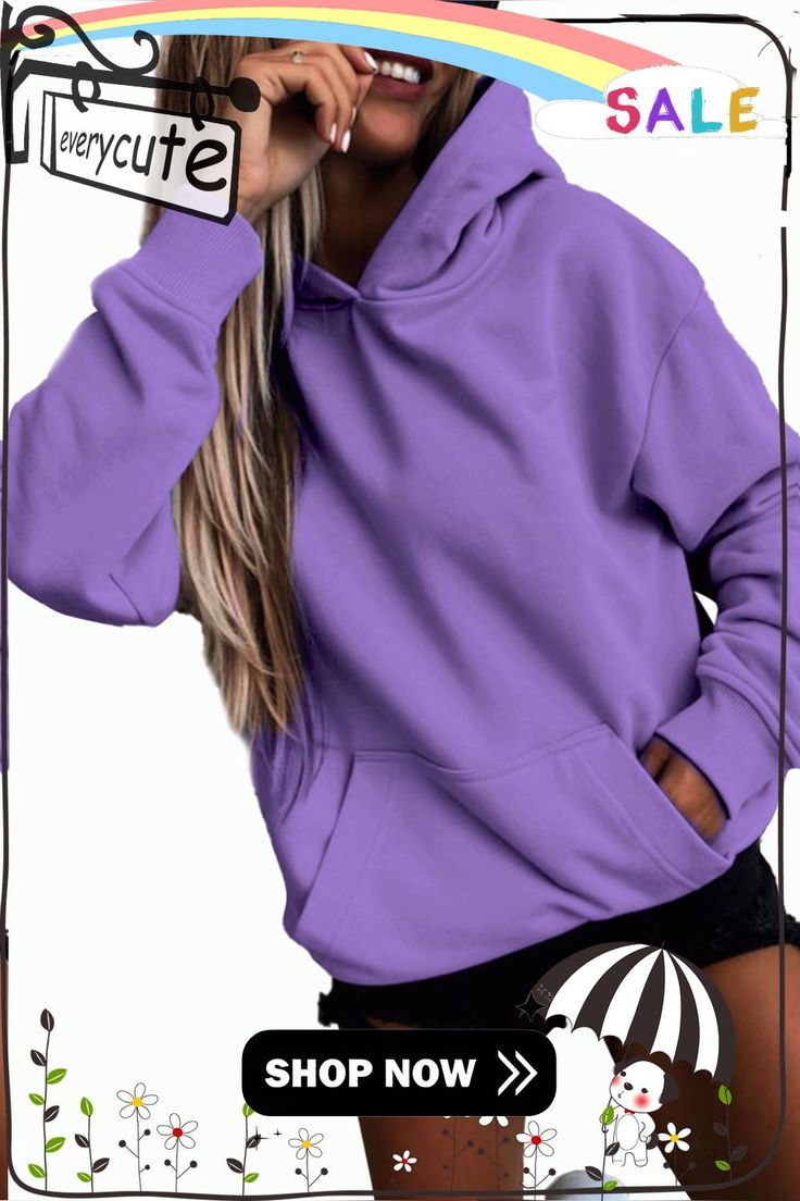 Purple Loose Kangaroo Pocket Hoodie Casual Hooded Hoodie In Solid Color, Casual Solid Color Hooded Hoodie, Purple Long Sleeve Hoodie With Kangaroo Pocket, Solid Color Hooded Sweatshirt With Pockets, Solid Color Sweatshirt With Pockets And Relaxed Fit, Casual Solid Color Hoodie, Purple Hooded Hoodie With Pockets, Purple Casual Sweatshirt With Pockets, Trendy Hoodie With Pockets