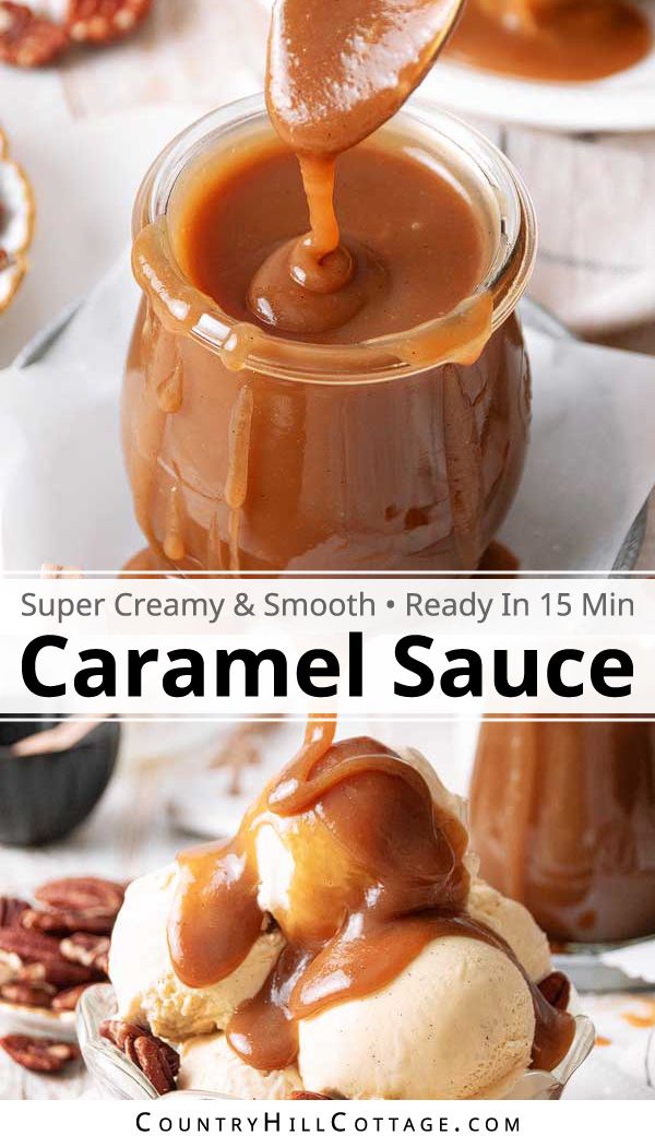 caramel sauce being drizzled over ice cream in a glass bowl with pecans