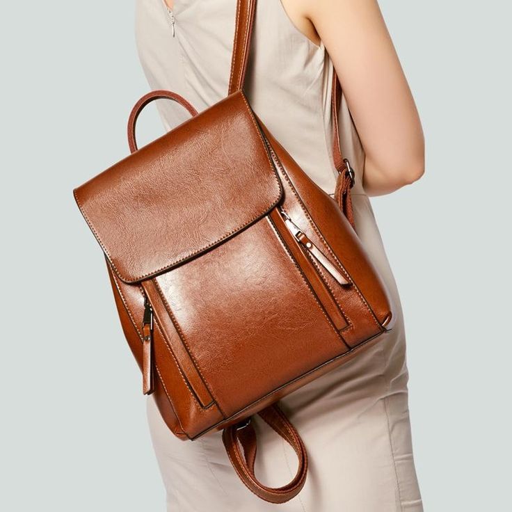 Brown Retro Leather Flap Zipper Everyday Backpack | Baginning Tan Backpack, Small Backpack Purse, Shoulder Bags For School, Brown Backpacks, Leather Backpack Purse, Vintage Backpacks, Leather Rucksack, Women Leather Backpack, Laptop Rucksack