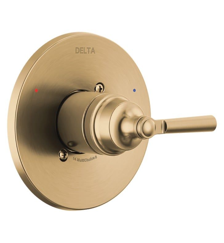 the delta shower faucet is shown in brushed brass