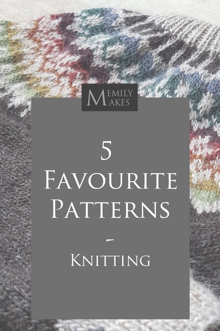 the text 5 favorite patterns for knitting on top of an image of multicolored yarn